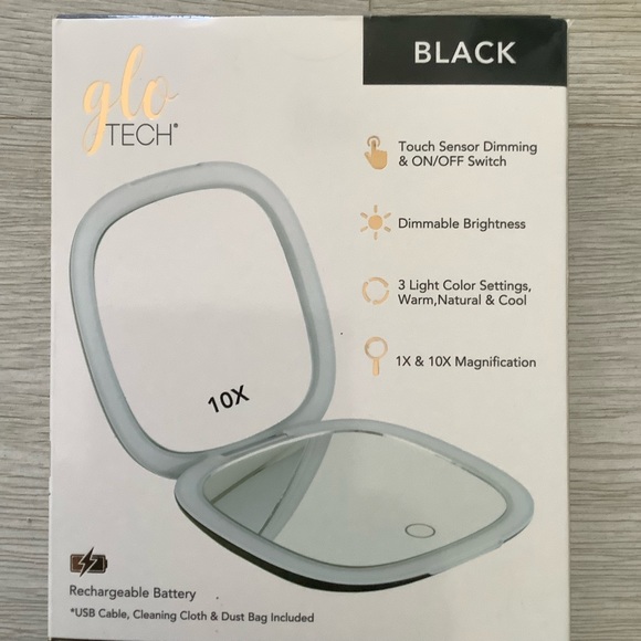 GLO TECH LED COMPACT Magnifying Small Mirror 1X & 10X Travel 4” BLACK AND WHITE - Picture 4 of 6